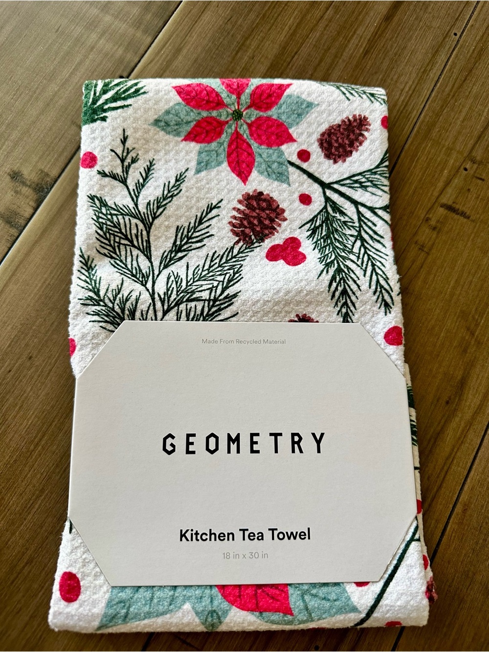 Geometry Poinsettia Holiday Kitchen Tea Towel - White, Red & Green